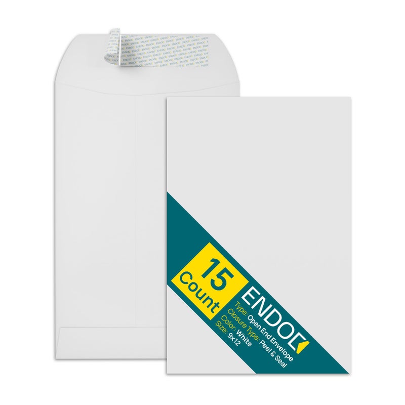 EnDoc 9x12 Envelopes Self Seal - 15 Pack - Open End White Mailing Envelopes for Catalogs, Presentatios, Oversized Documents - Self Sealing Envelopes with Peel and Seal Closure - 28lb Heavyweight Paper - Image 1
